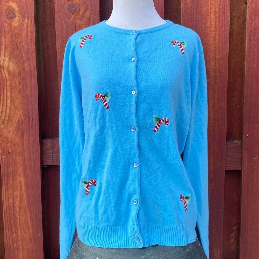 Wish for Joy Blue Candy Cane Embroidered Holiday Cardigan Sweater L 14-16